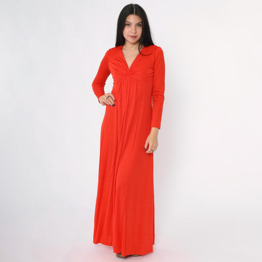 70s Red Maxi Dress Empire Waist V-Neck Long Sleeve Small S