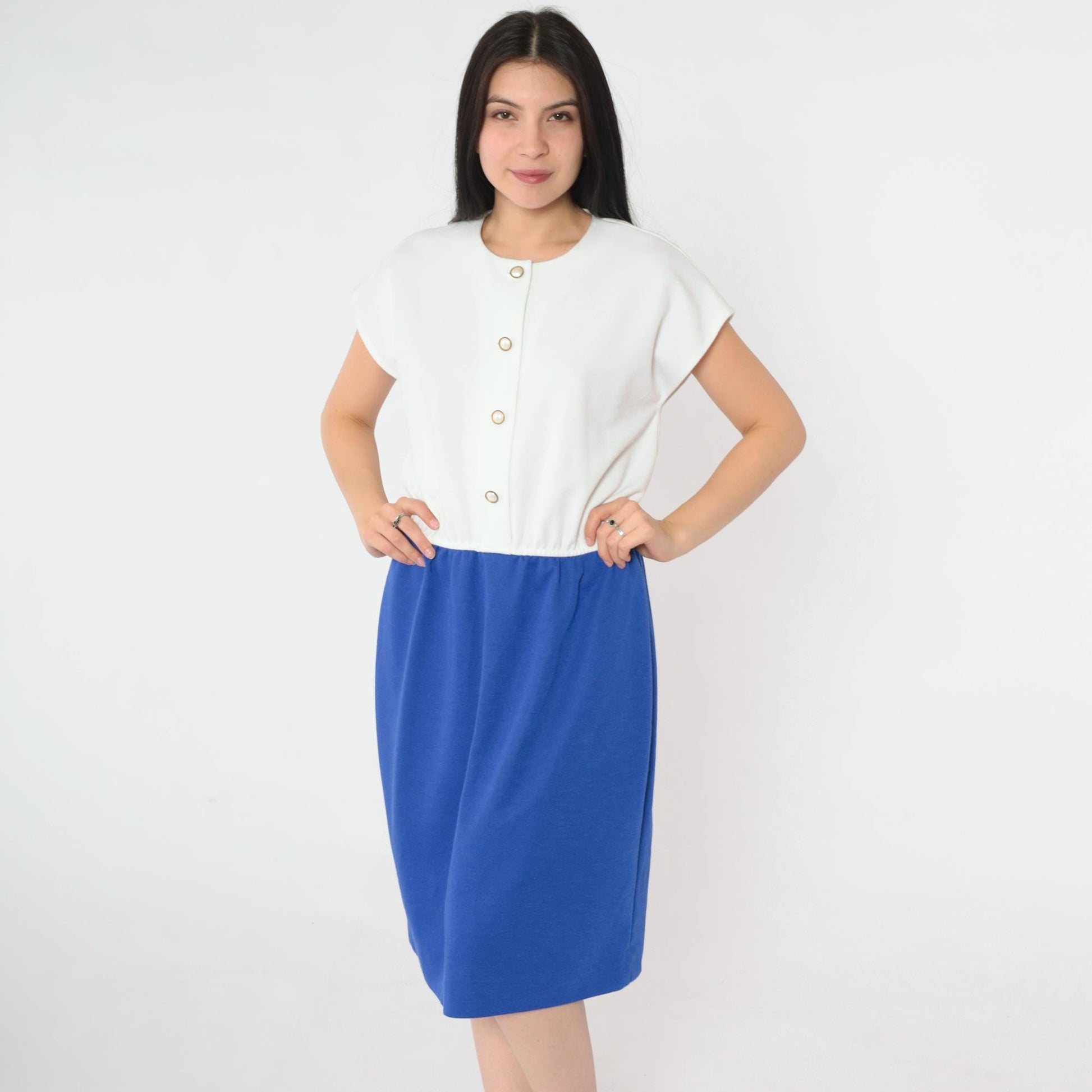 80s Leslie Fay Two-Tone Button-Up Midi Shirtdress Blue White Medium