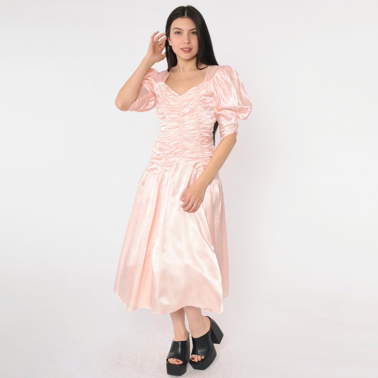 80s Jessica McClintock Gunne Sax Pink Satin Midi Dress Puff Sleeve Open Back Extra Small