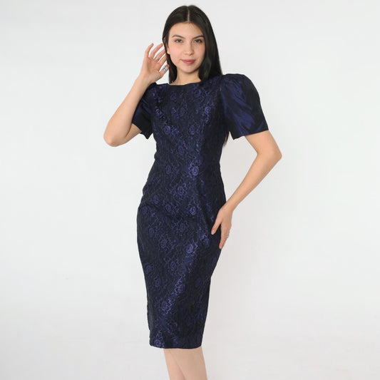 80s Purple Taffeta Lace Sheath Dress Puff Sleeve Boat Neck Knee Length Extra Small