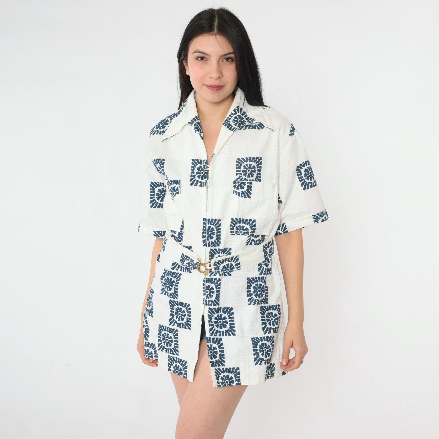 70s Iolani Hawaii Navy Sunburst Cotton Zip Shirt Geometric Print Large