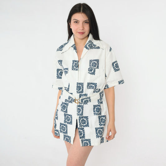 70s Iolani Hawaii Navy Sunburst Cotton Zip Shirt Geometric Print Large