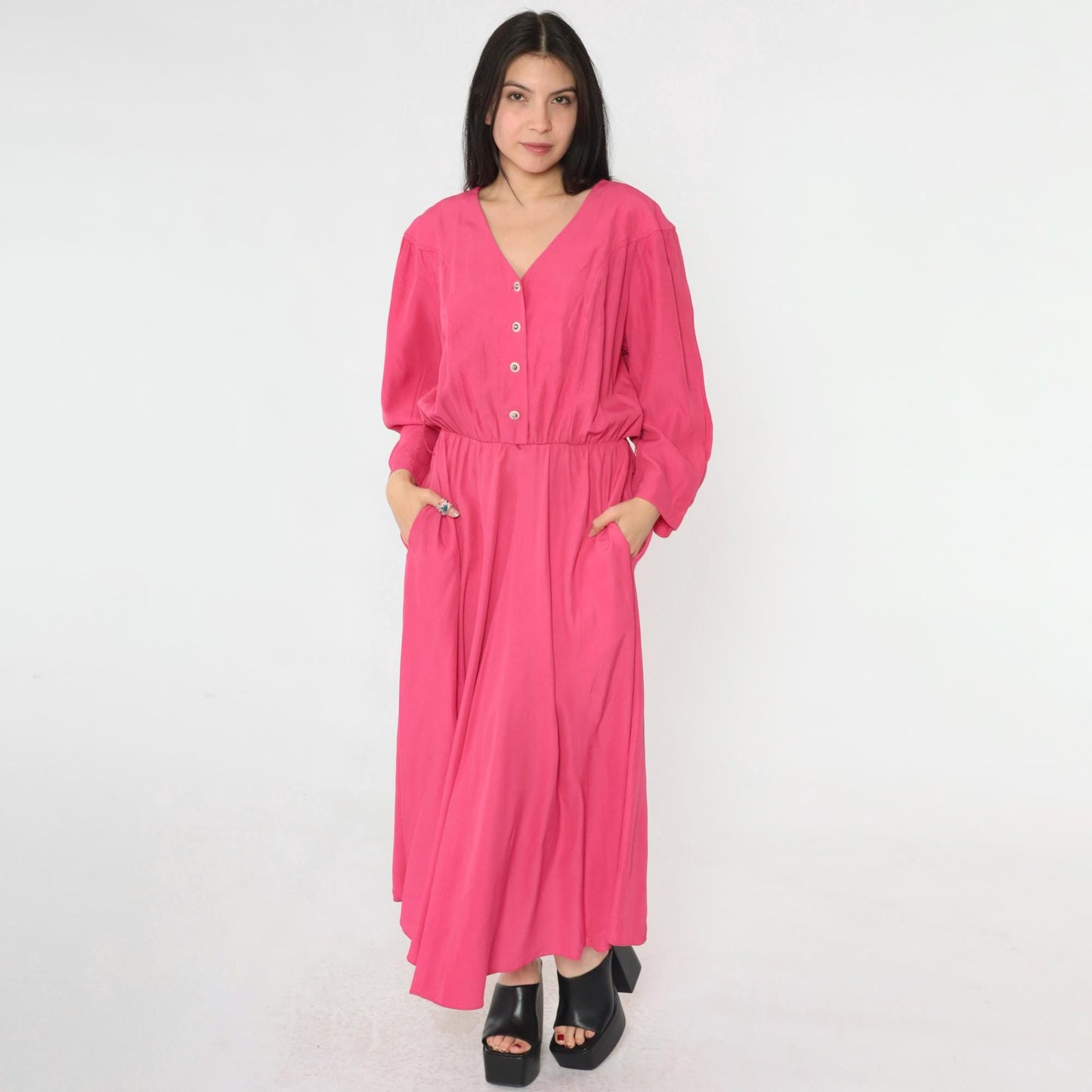80s S.L. Fashions Hot Pink Button-Up Midi Dress V-Neck Long Sleeve Large