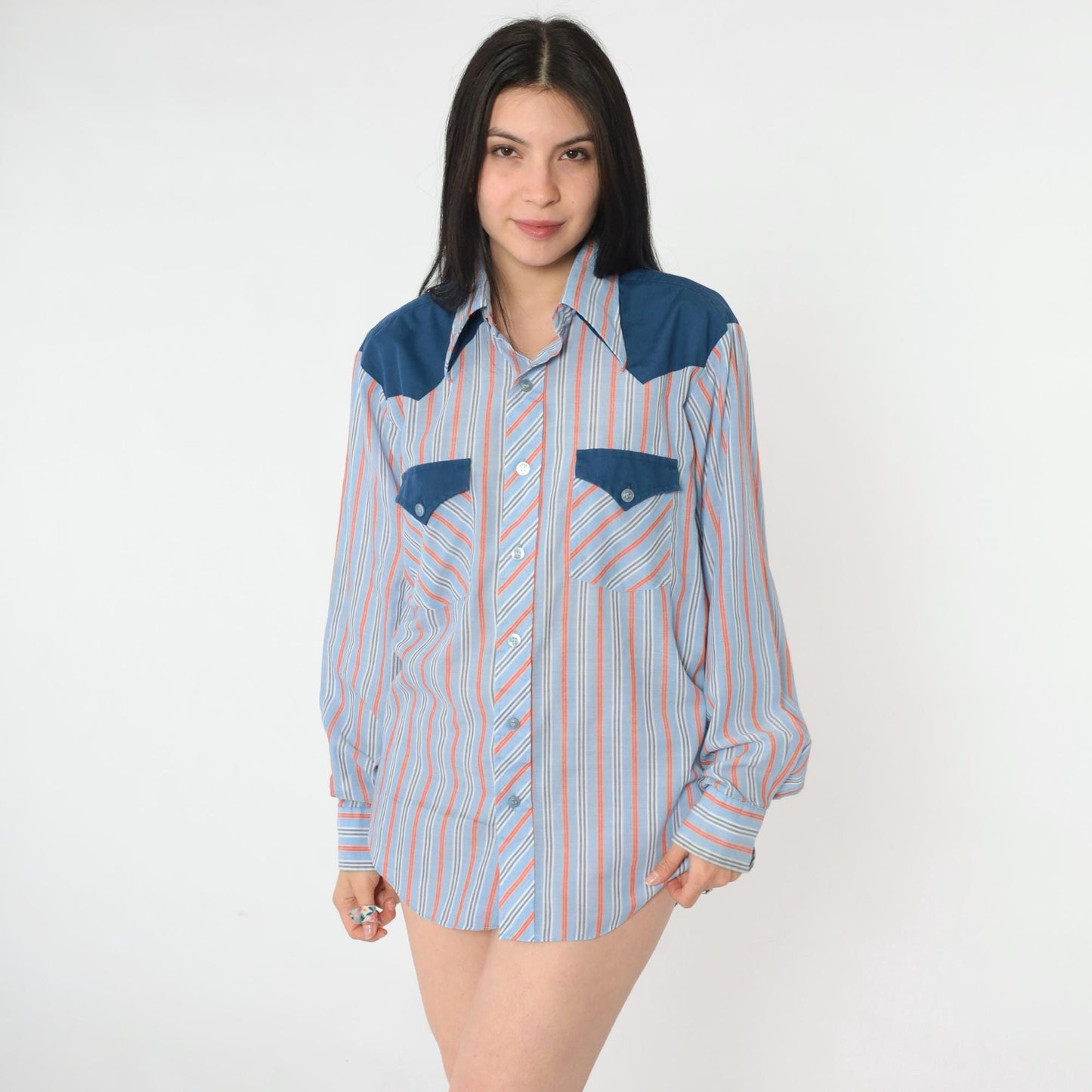 70s Western Shirt Blue Orange Striped Pearl Snap Dagger Collar Men's Medium