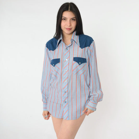 70s Western Shirt Blue Orange Striped Pearl Snap Dagger Collar Men's Medium