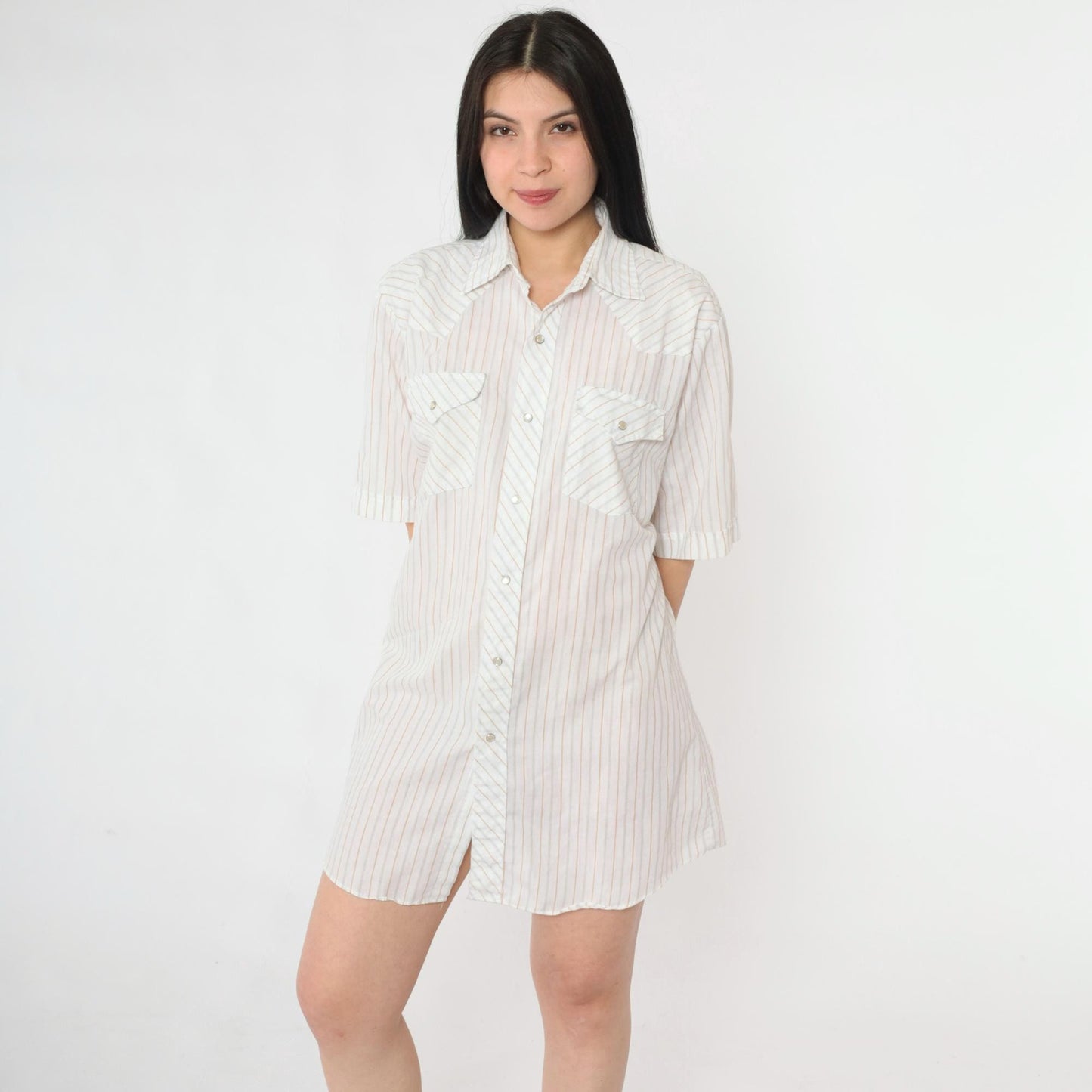 80s Corral West Ranchwear Pearl Snap Western Shirt Striped White Large