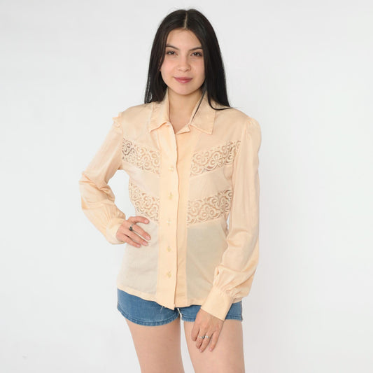70s Peach Lace Blouse Puff Sleeve Button Up Sheer Cutwork Top Medium M