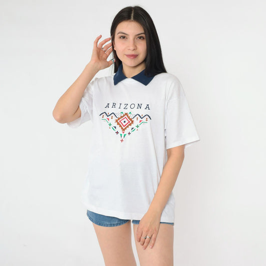 Y2K Arizona Embroidered Graphic T-Shirt White Collared Tee Large L