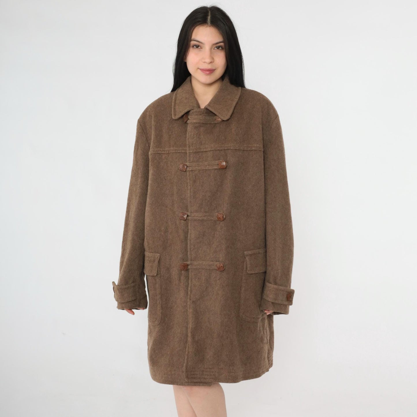 70s Loden King Alpine Wool Duffle Coat Brown Toggle Button Overcoat XL