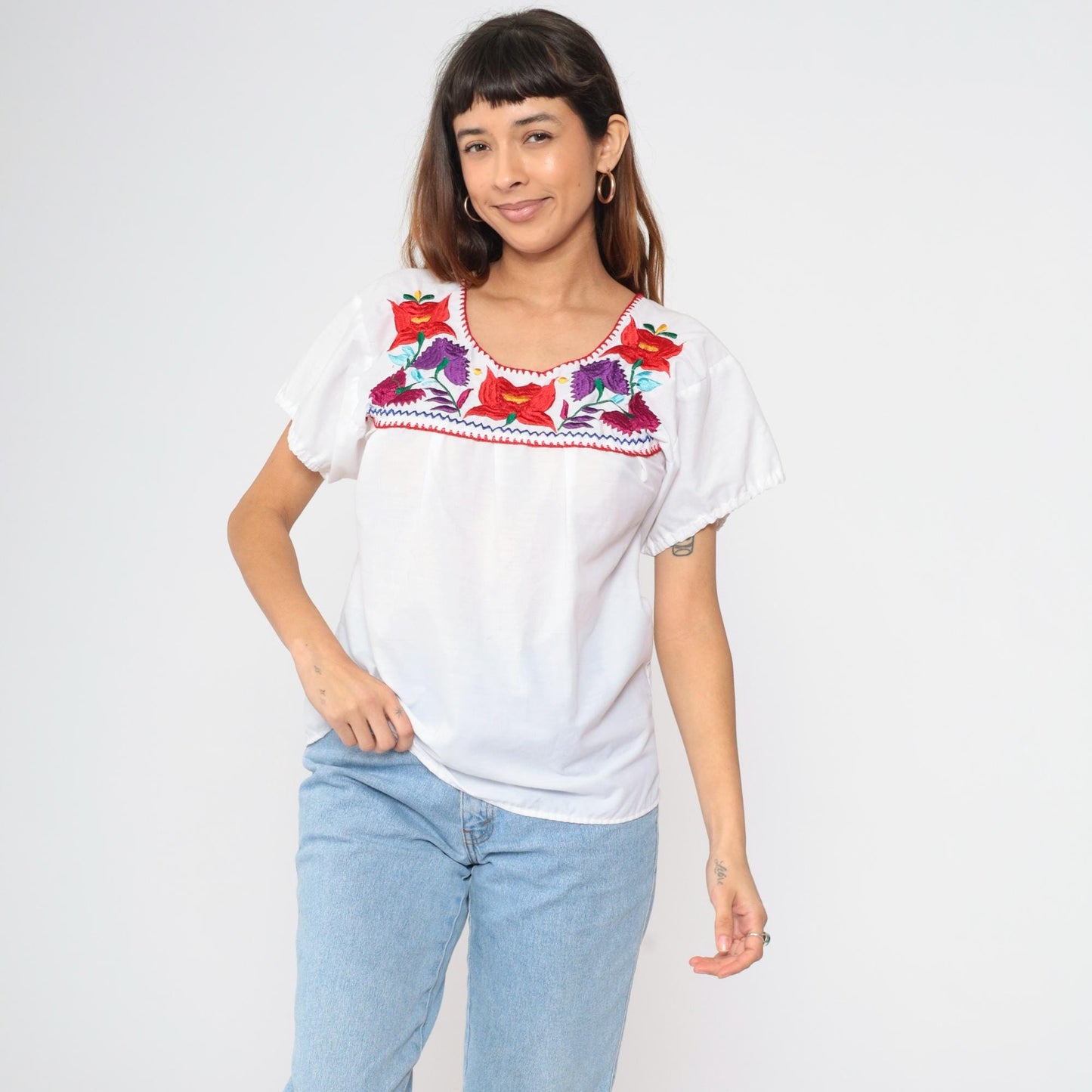 90s Mexican Floral Embroidered Blouse White Short Sleeve Small