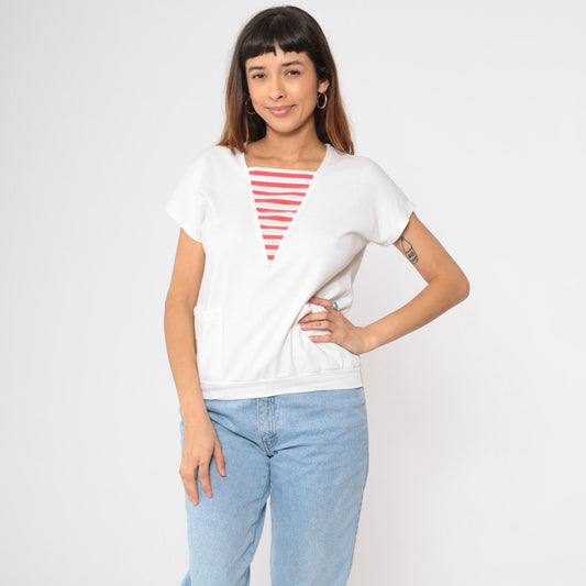 80s White Red Striped T-Shirt Nautical Pocket Tee Short Sleeve Small S