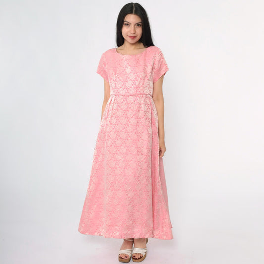 1960s Pink Floral Brocade Maxi Dress Bow Back High Waist Short Sleeve Medium