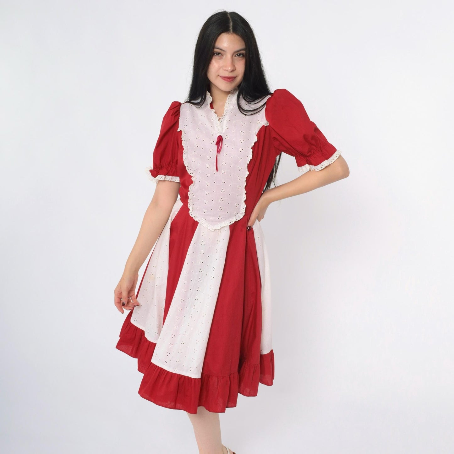 70s Burgundy Eyelet Lace Prairie Dress Puff Sleeve Midi High Waist Small