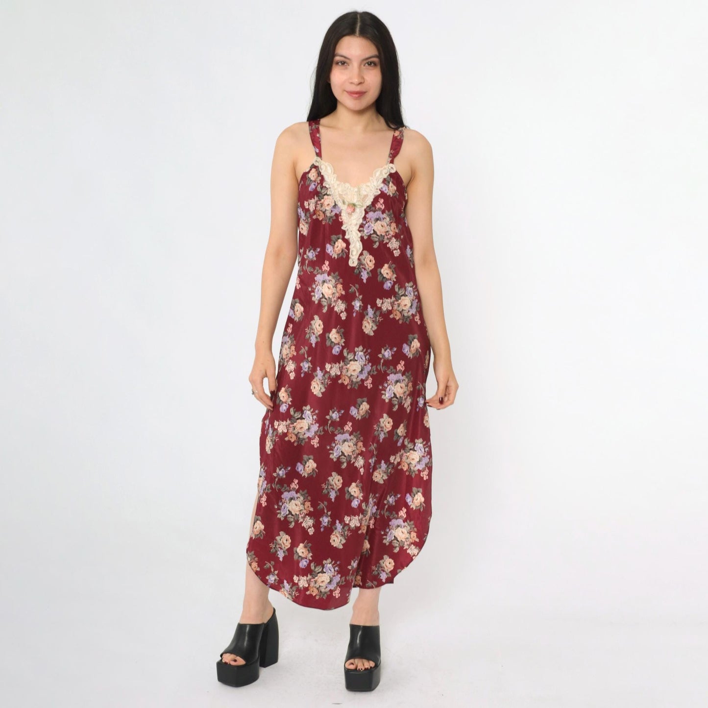 90s Burgundy Floral Satin Slip Dress Lace Trim Deep V Back Midi Medium