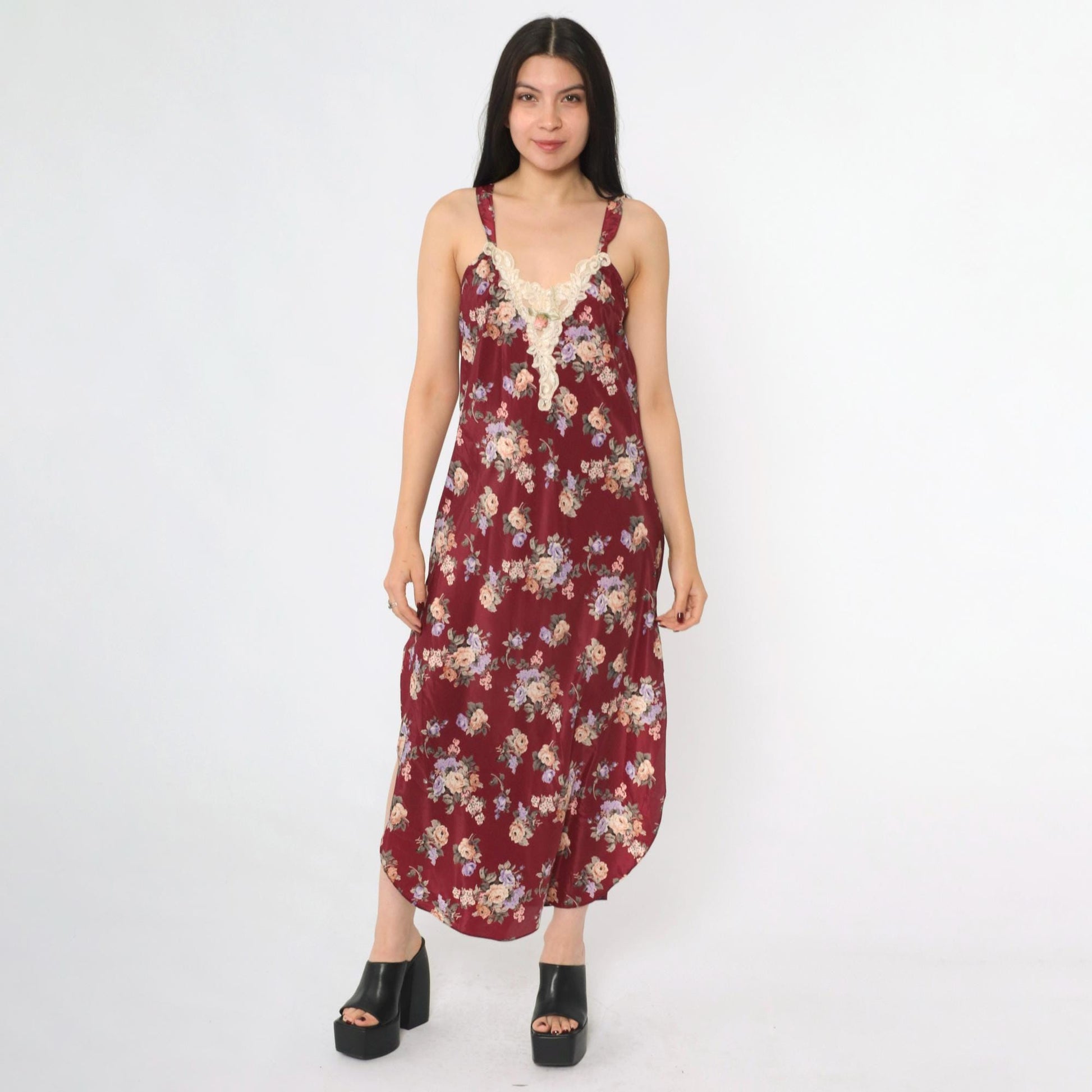 90s Burgundy Floral Satin Slip Dress Lace Trim Deep V Back Midi Medium