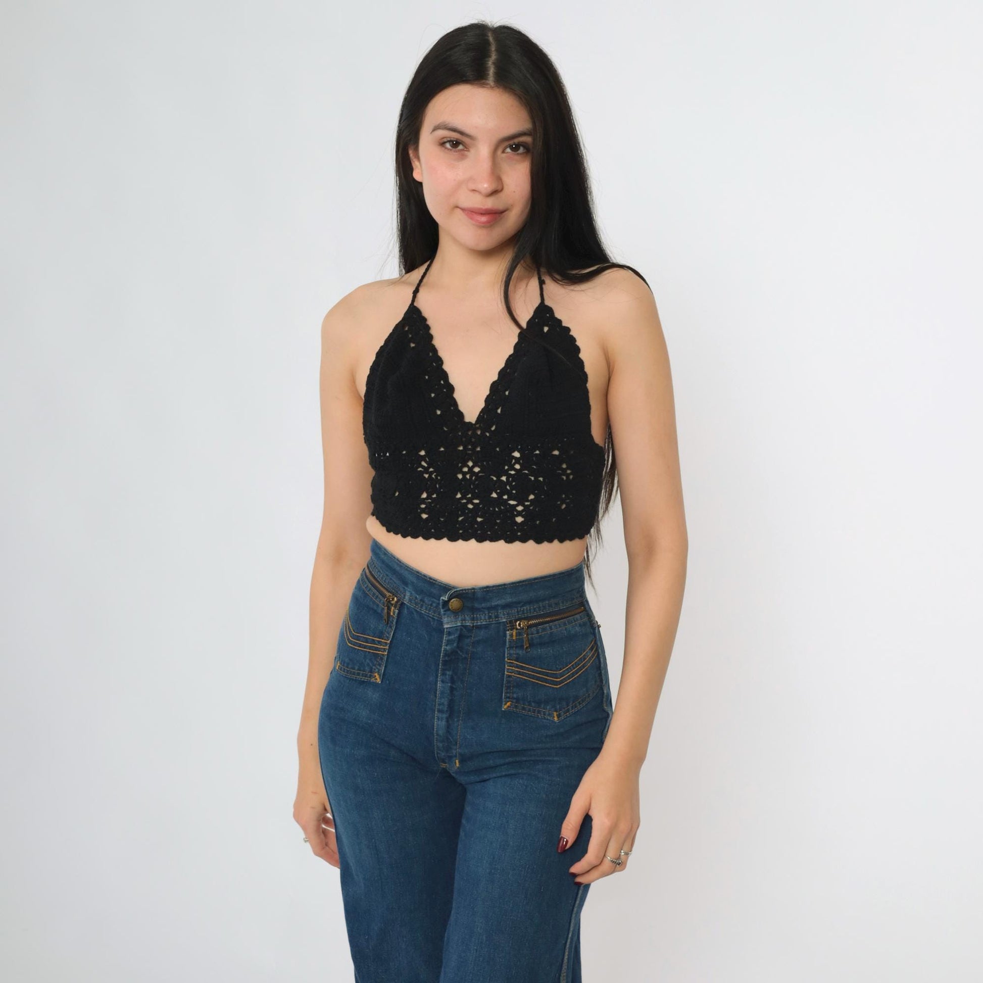 Y2K Black Crochet Halter Crop Top Tie Back V-Neck Knit Small