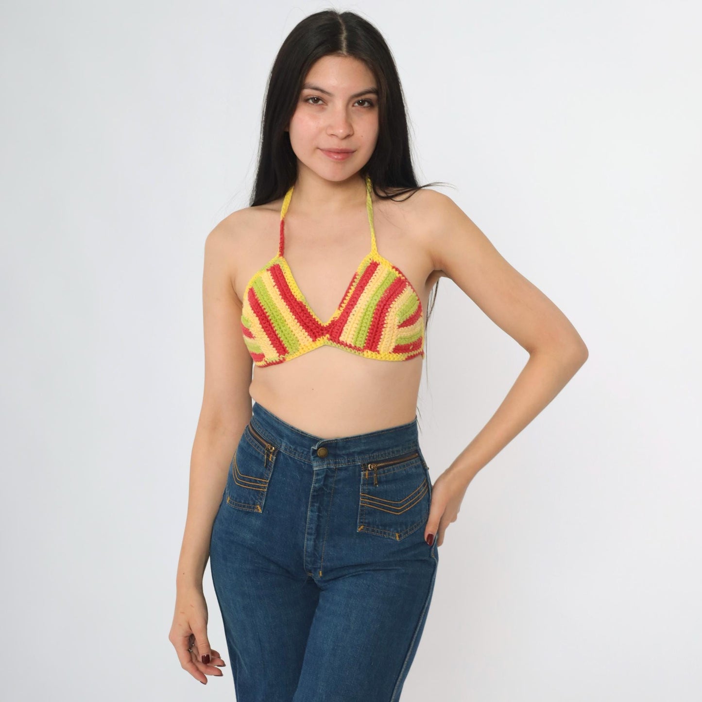 Y2K Striped Crochet Halter Bikini Top Red Yellow Green Triangle Crop Extra Small