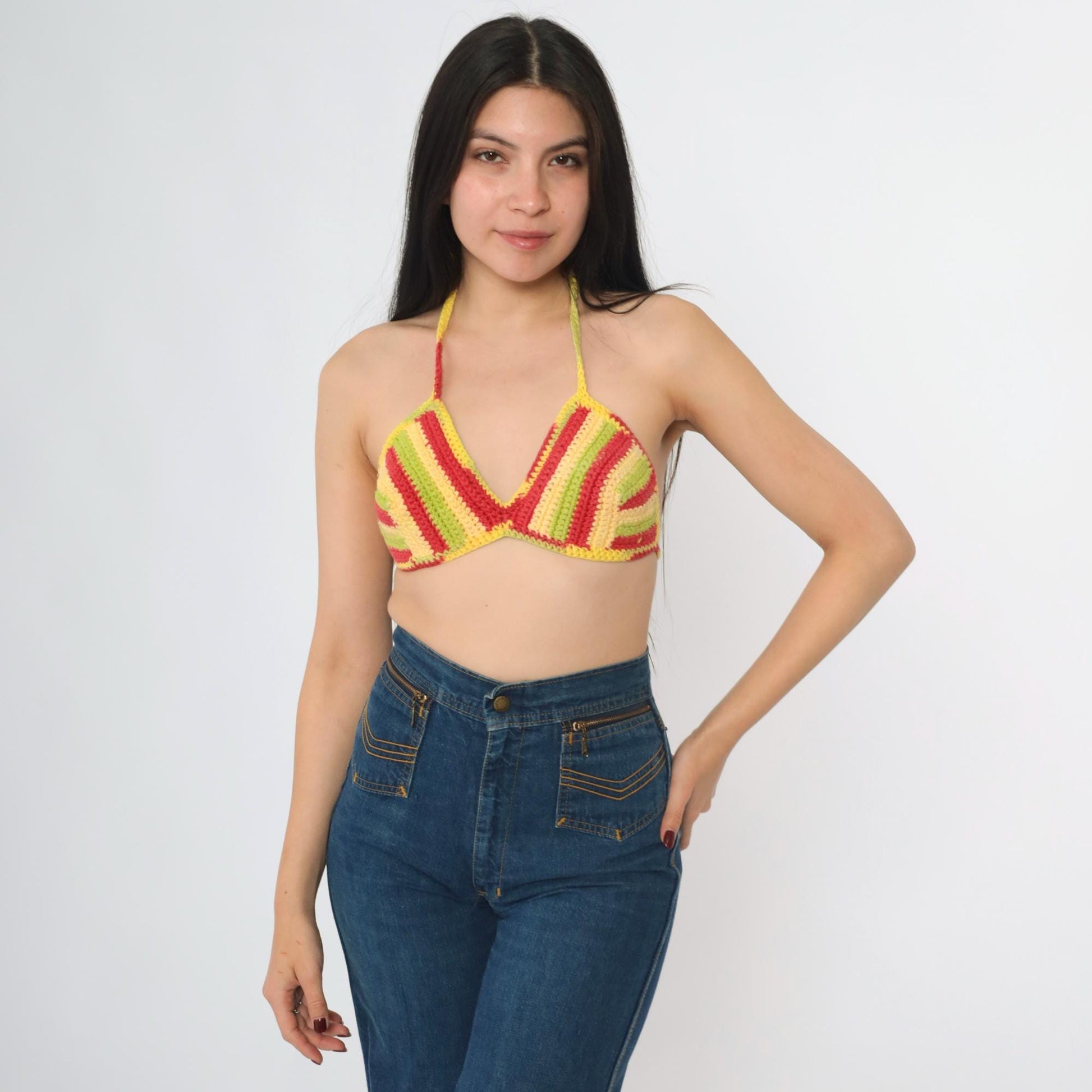 Y2K Striped Crochet Halter Bikini Top Red Yellow Green Triangle Crop Extra Small