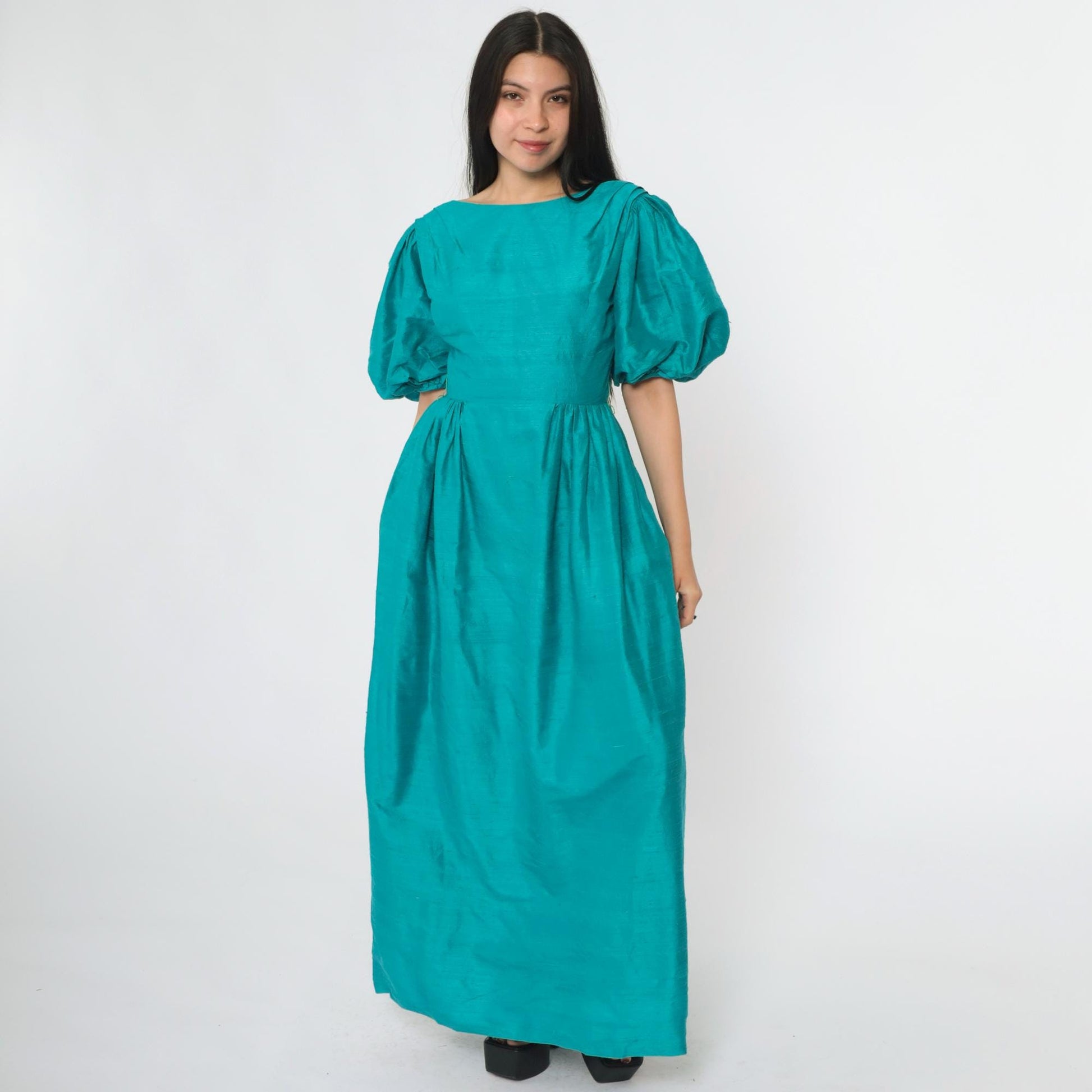 80s House of Bianchi Teal Silk Puff Sleeve Maxi Gown Low Back Extra Small