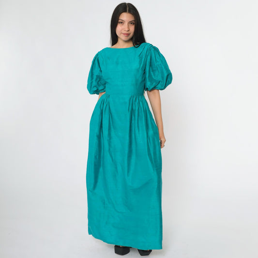80s House of Bianchi Teal Silk Puff Sleeve Maxi Gown Low Back Extra Small