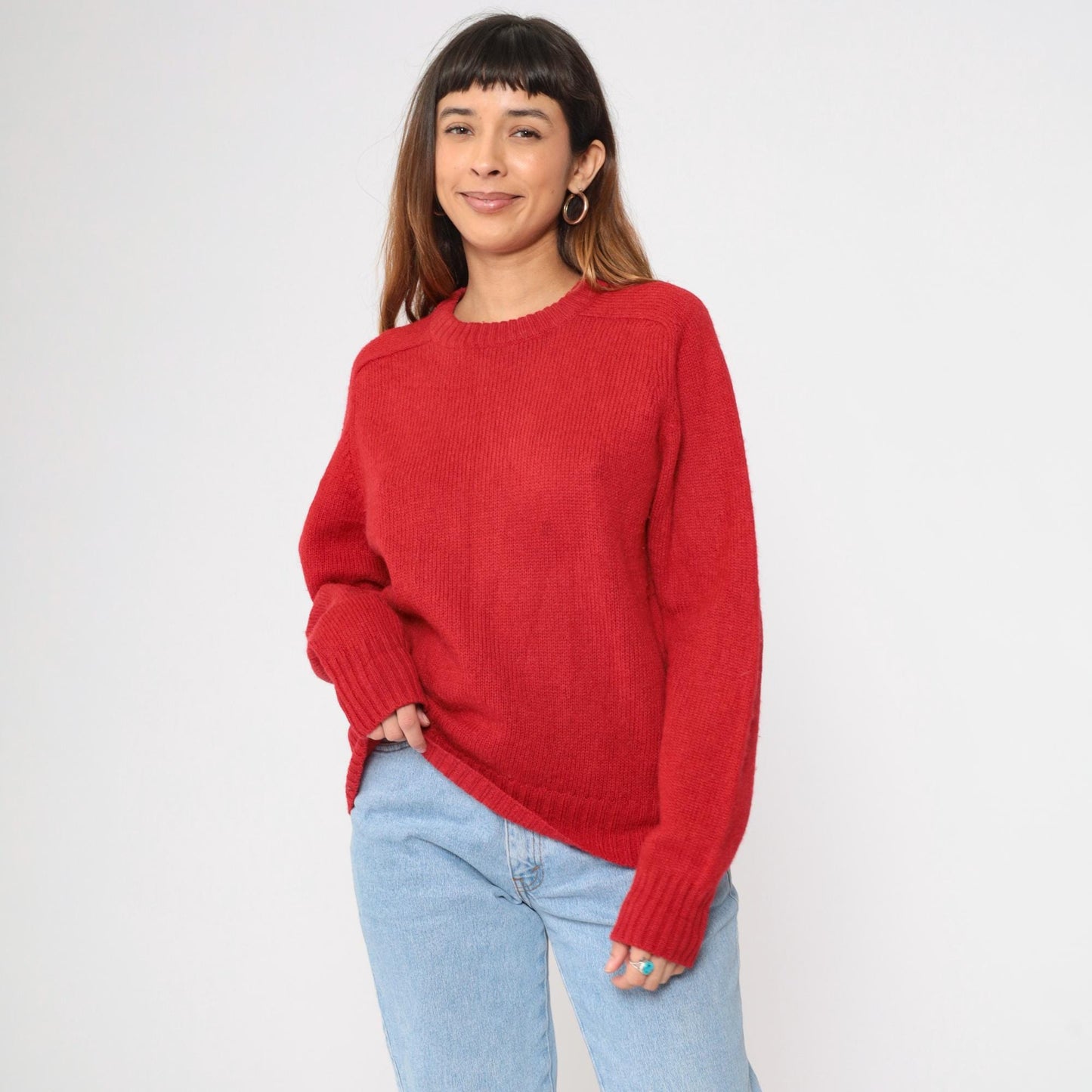 80s Red Wool Crewneck Sweater Plain Knit Pullover Medium M