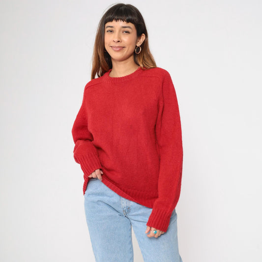 80s Red Wool Crewneck Sweater Plain Knit Pullover Medium M