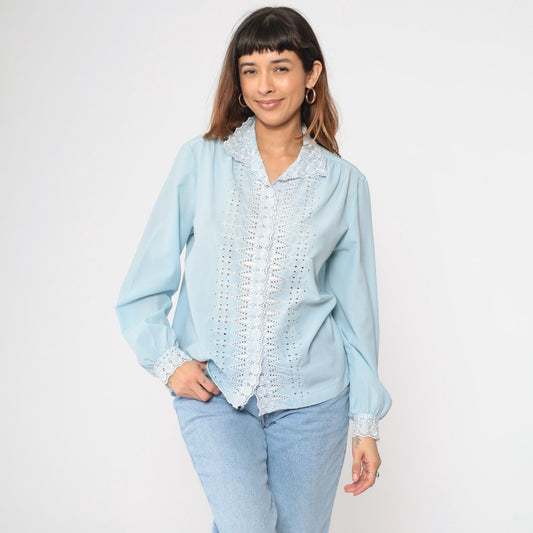 70s Baby Blue Floral Eyelet Lace Blouse Scalloped Collar Long Sleeve Large