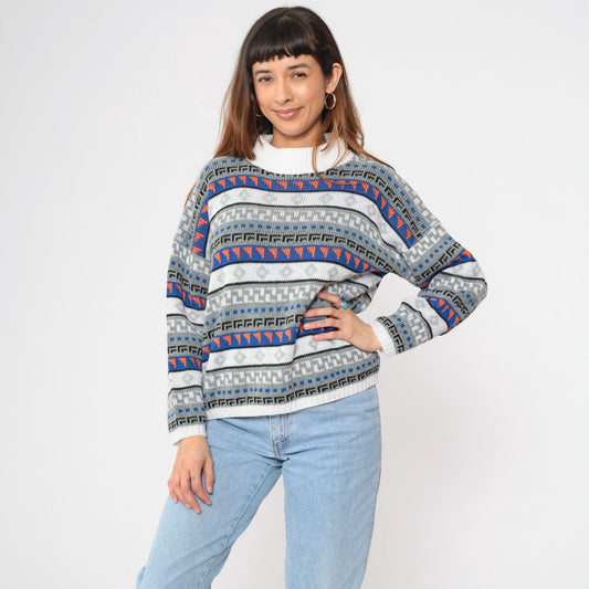 80s Geometric Striped Knit Sweater White Blue Mock Neck Pullover Medium