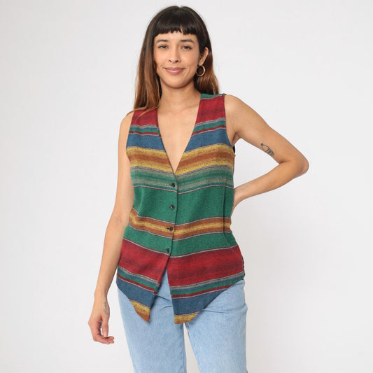 90s Striped Southwestern Woven Vest Multicolor V-Neck Button-Up Small