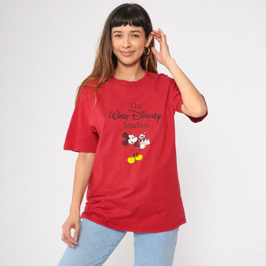 90s Mickey Mouse Disney Studios Graphic T-Shirt Red Cotton Medium