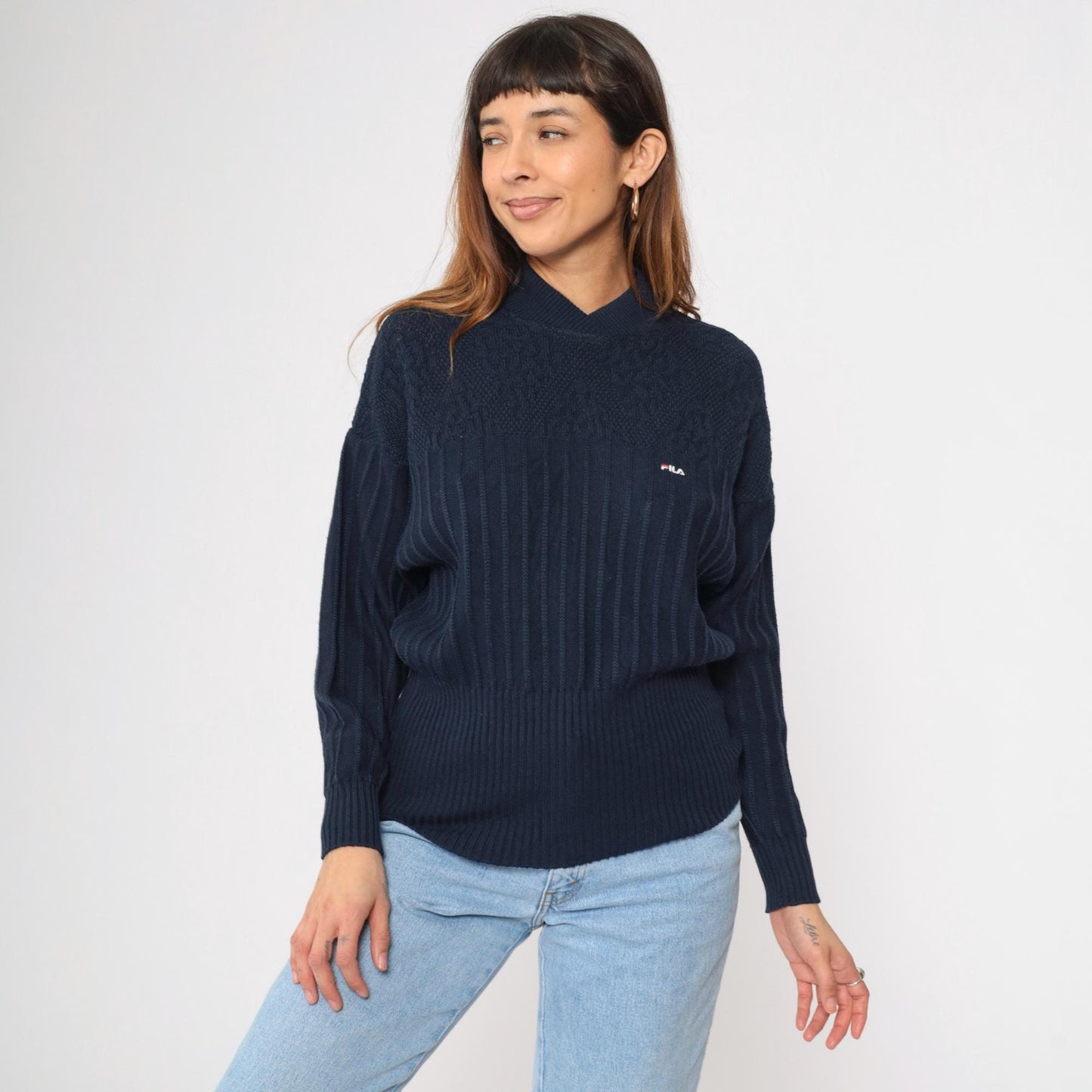 90s FILA Navy Wool Pullover Sweater Shawl Collar Ribbed Knit Small