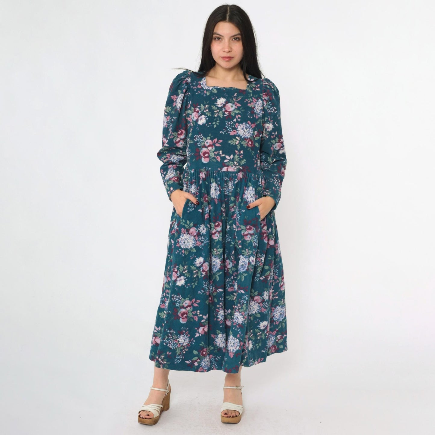 80s Laura Ashley Corduroy Floral Midi Dress Teal Puff Sleeve Medium