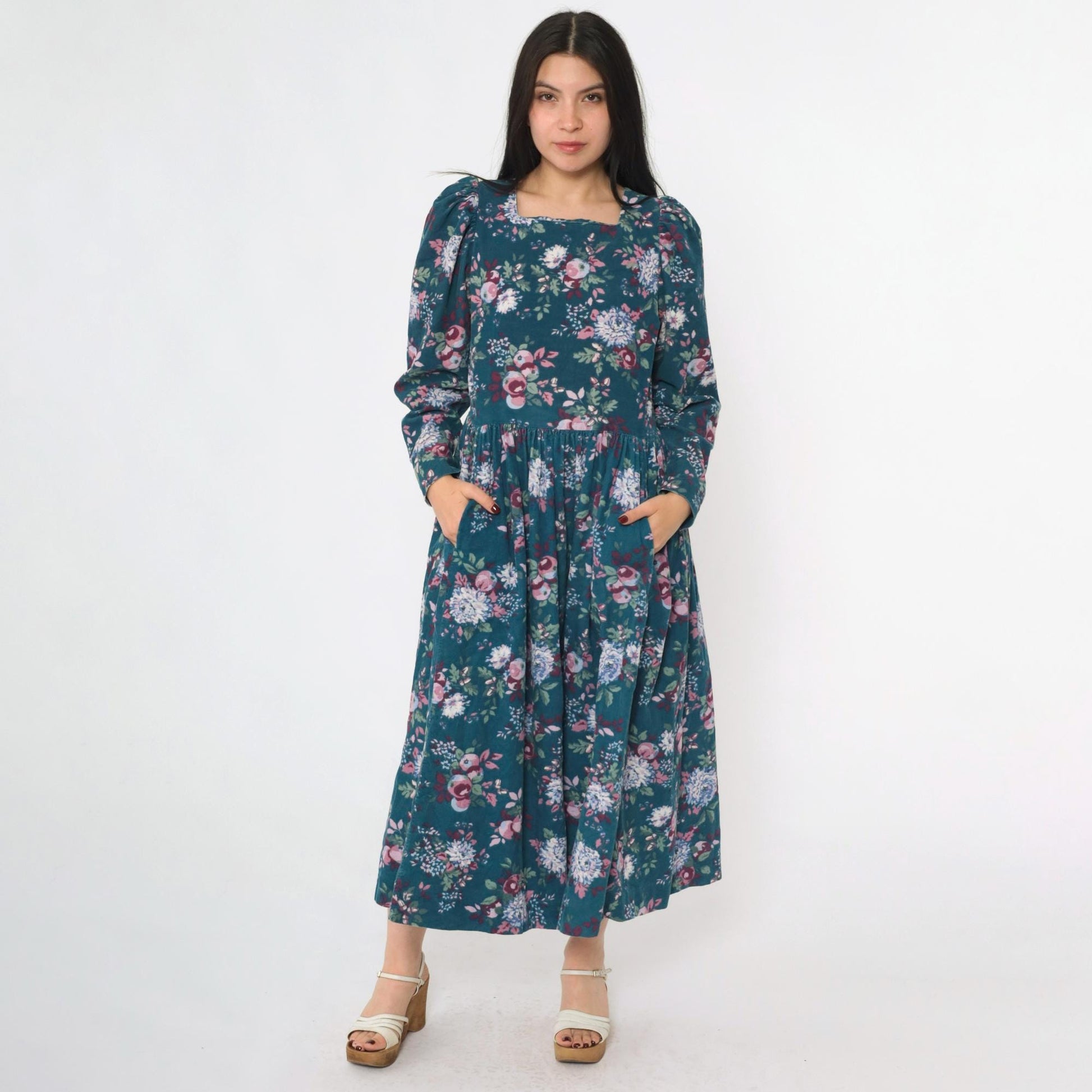 80s Laura Ashley Corduroy Floral Midi Dress Teal Puff Sleeve Medium