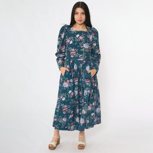 80s Laura Ashley Corduroy Floral Midi Dress Teal Puff Sleeve Medium