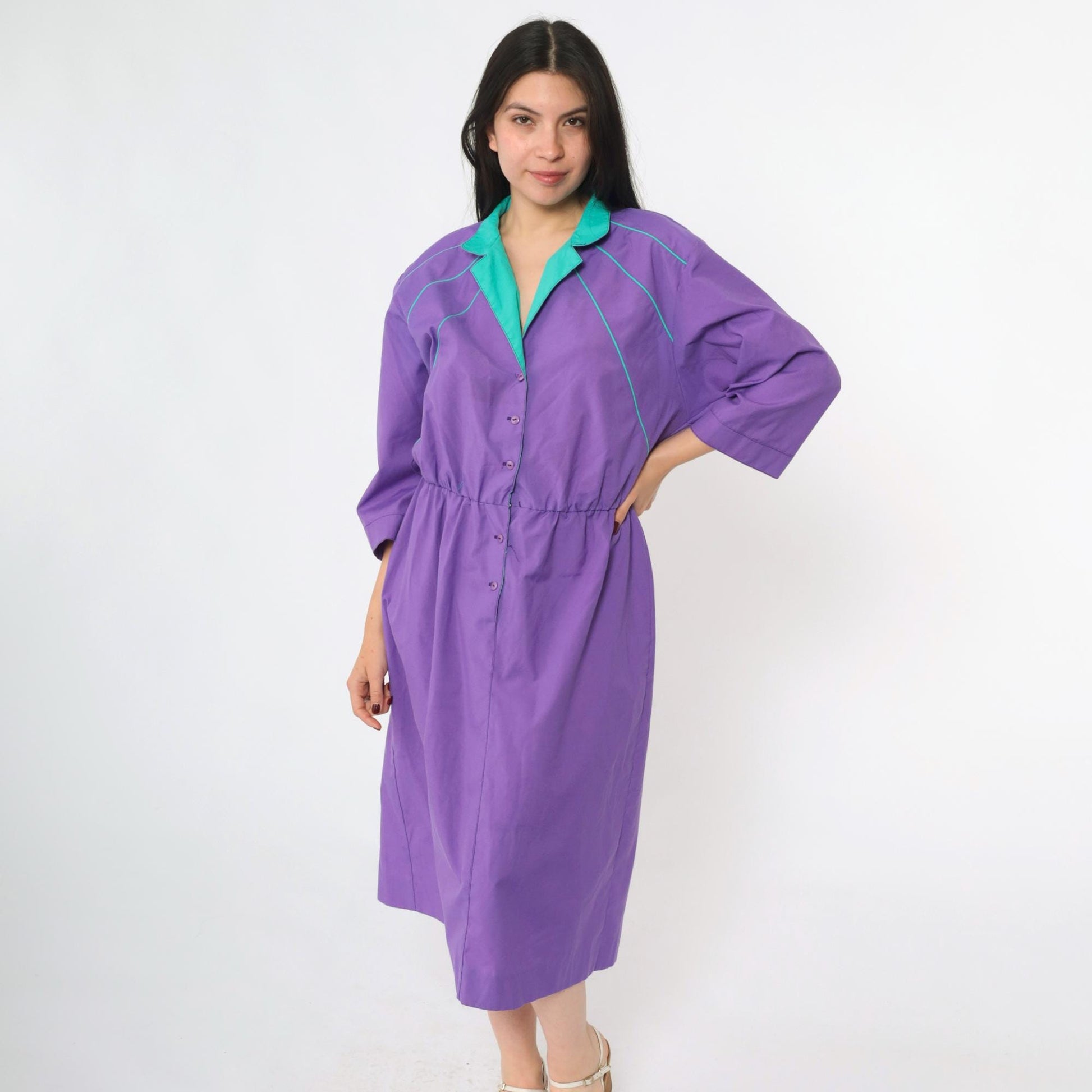 80s Purple Shirtdress Turquoise Collar Midi Button-Up High Waist Medium