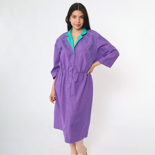 80s Purple Shirtdress Turquoise Collar Midi Button-Up High Waist Medium