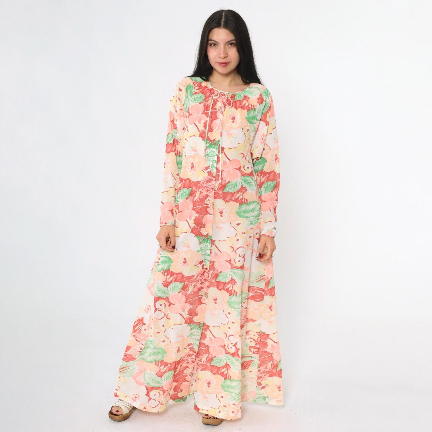 70s Gossard Artemis Floral Maxi Nightgown Long Sleeve Button Front Small S