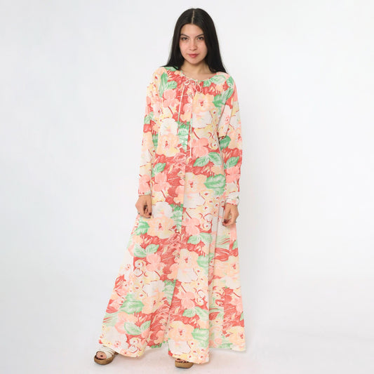 70s Gossard Artemis Floral Maxi Nightgown Long Sleeve Button Front Small S