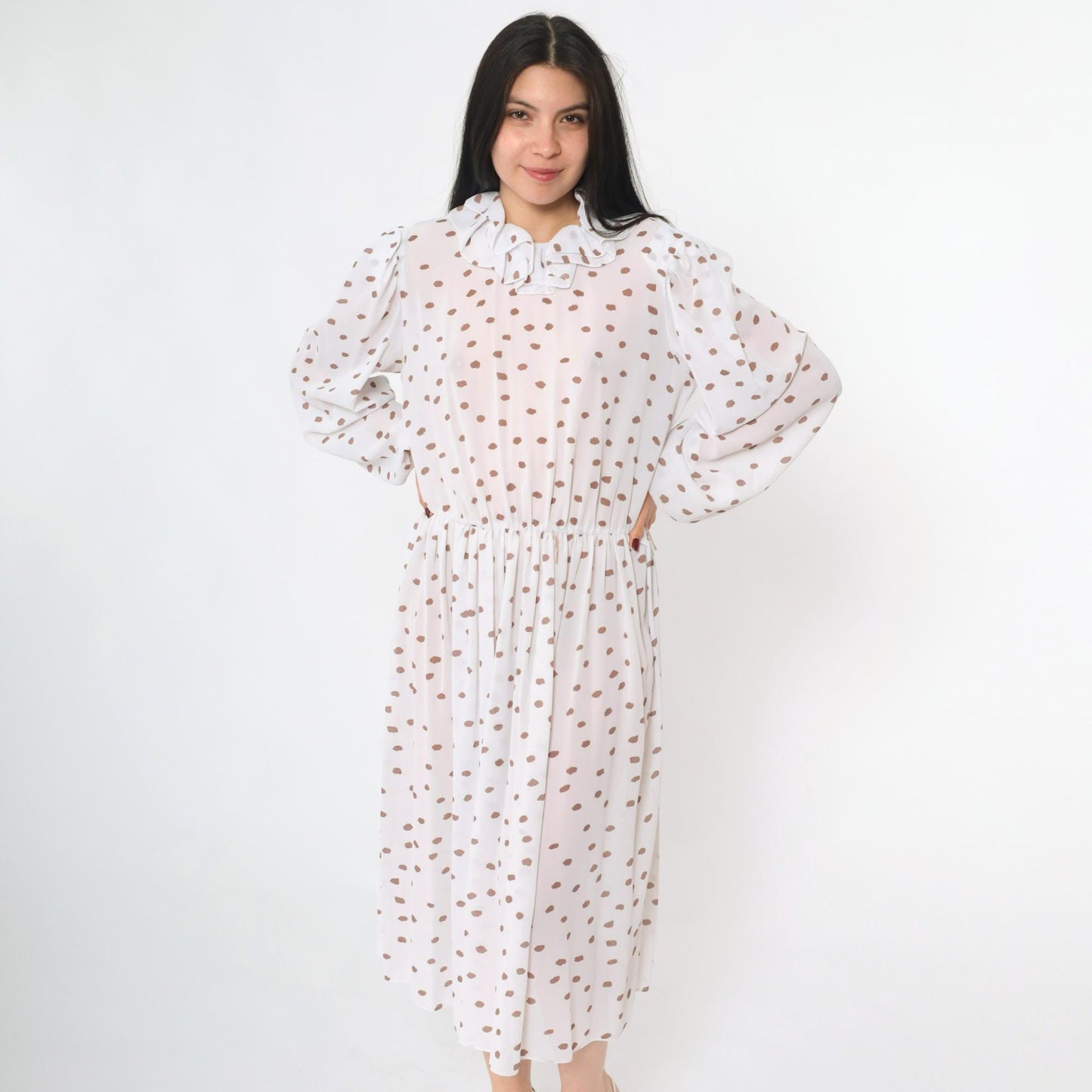 80s White Polka Dot Midi Dress Puff Sleeve Ruffled Collar High Waist Medium