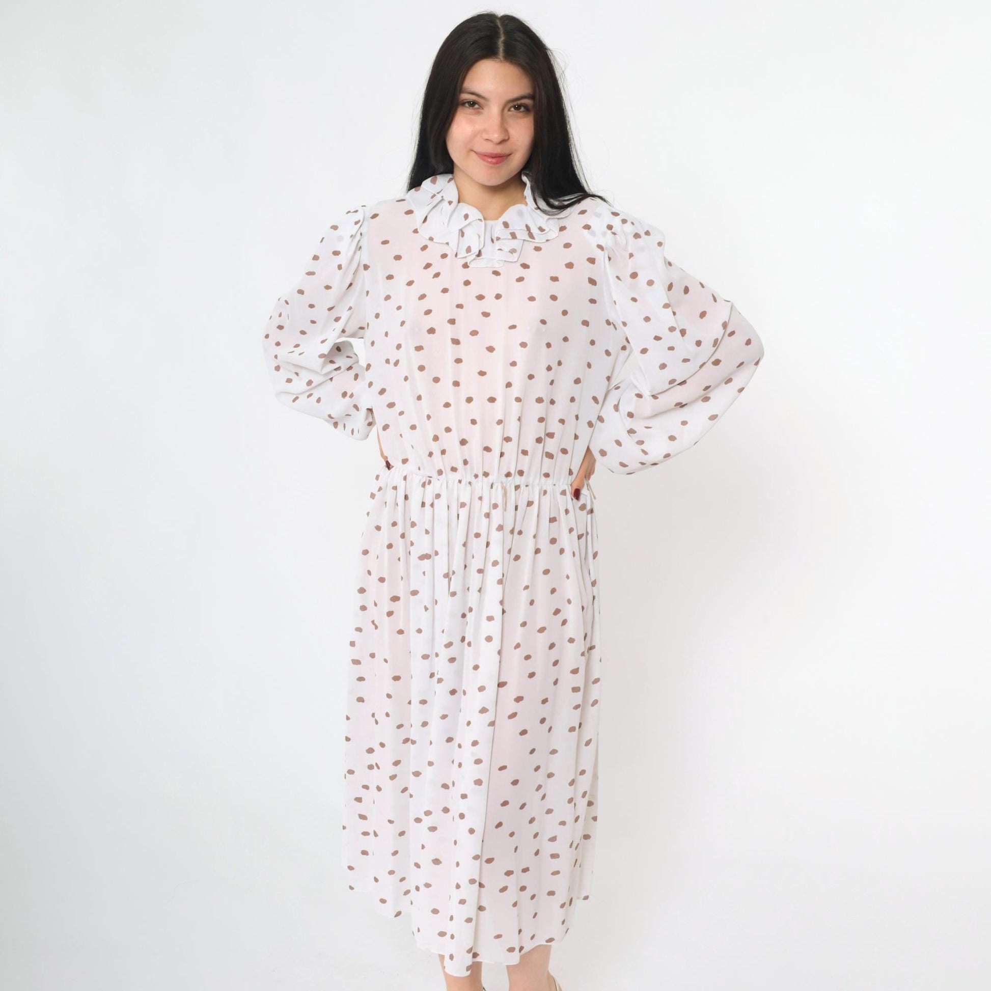 80s White Polka Dot Midi Dress Puff Sleeve Ruffled Collar High Waist Medium