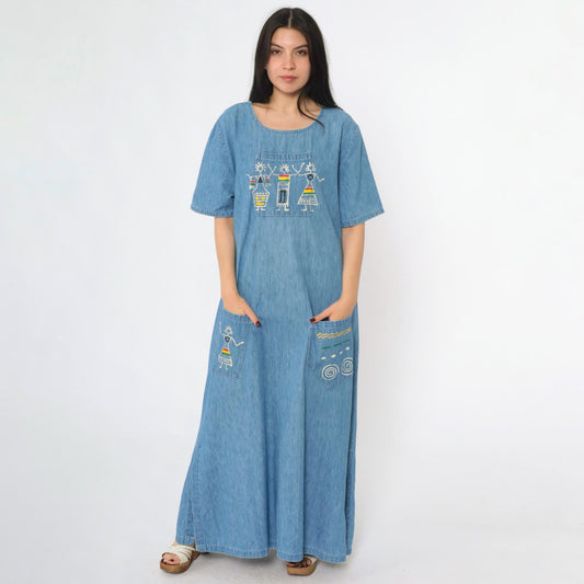 90s Over Charge Blue Denim Maxi Dress Reggae Graphic Short Sleeve Medium M