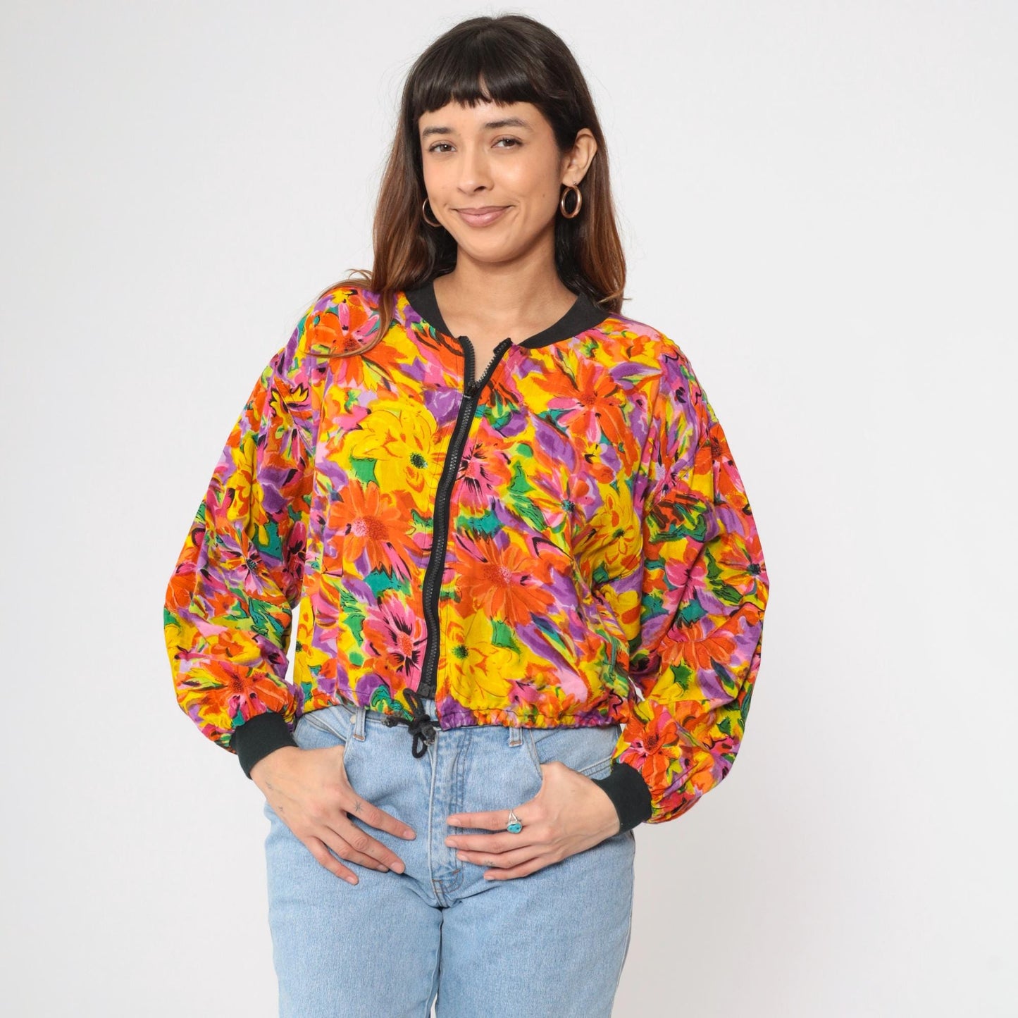 90s Floral Abstract Bomber Jacket Windbreaker Cropped Zip Drawstring Small
