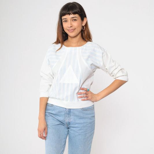 80s Striped T-Shirt Baby Blue White Triangle Graphic Half Sleeve Small