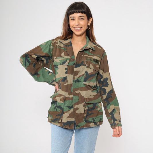 90s US Army Woodland Camouflage Field Jacket Button Up Small Regular
