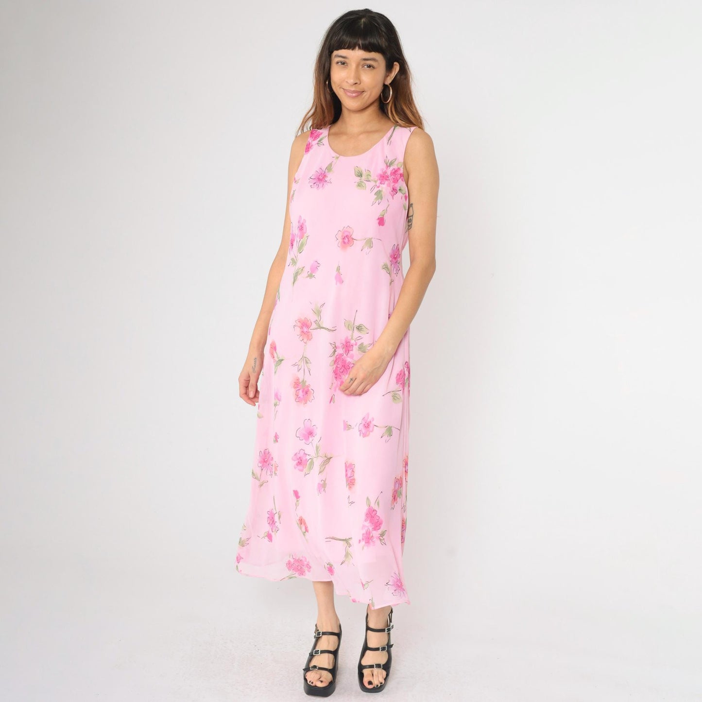 90s Pink Floral Maxi Dress Sleeveless Scoop Neck Chiffon Overlay Large 12