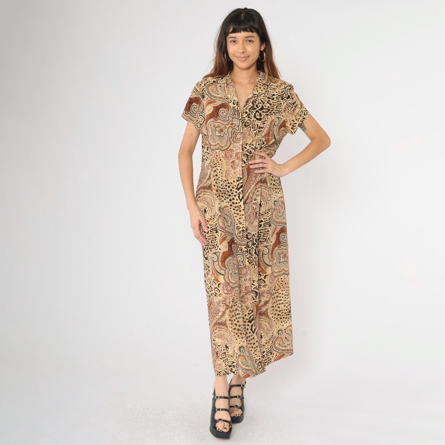 90s Leopard Paisley Maxi Shirtdress Animal Print Button-Up Yellow Burnt Orange Large 14