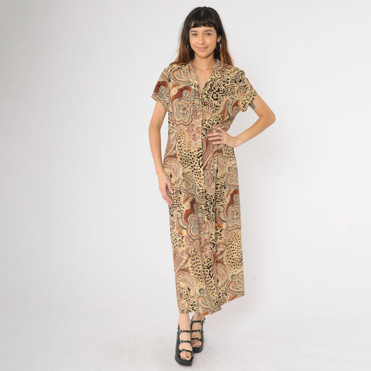 90s Leopard Paisley Maxi Shirtdress Animal Print Button-Up Yellow Burnt Orange Large 14