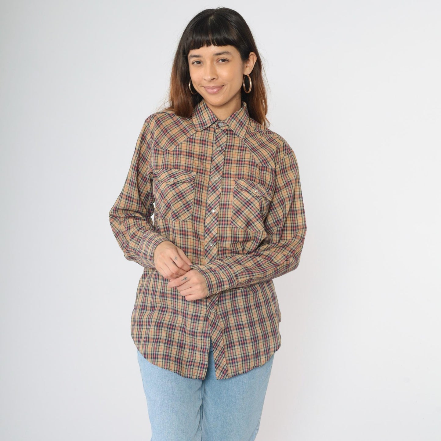80s Plaid Western Pearl Snap Shirt Tan Red Blue Men's Medium