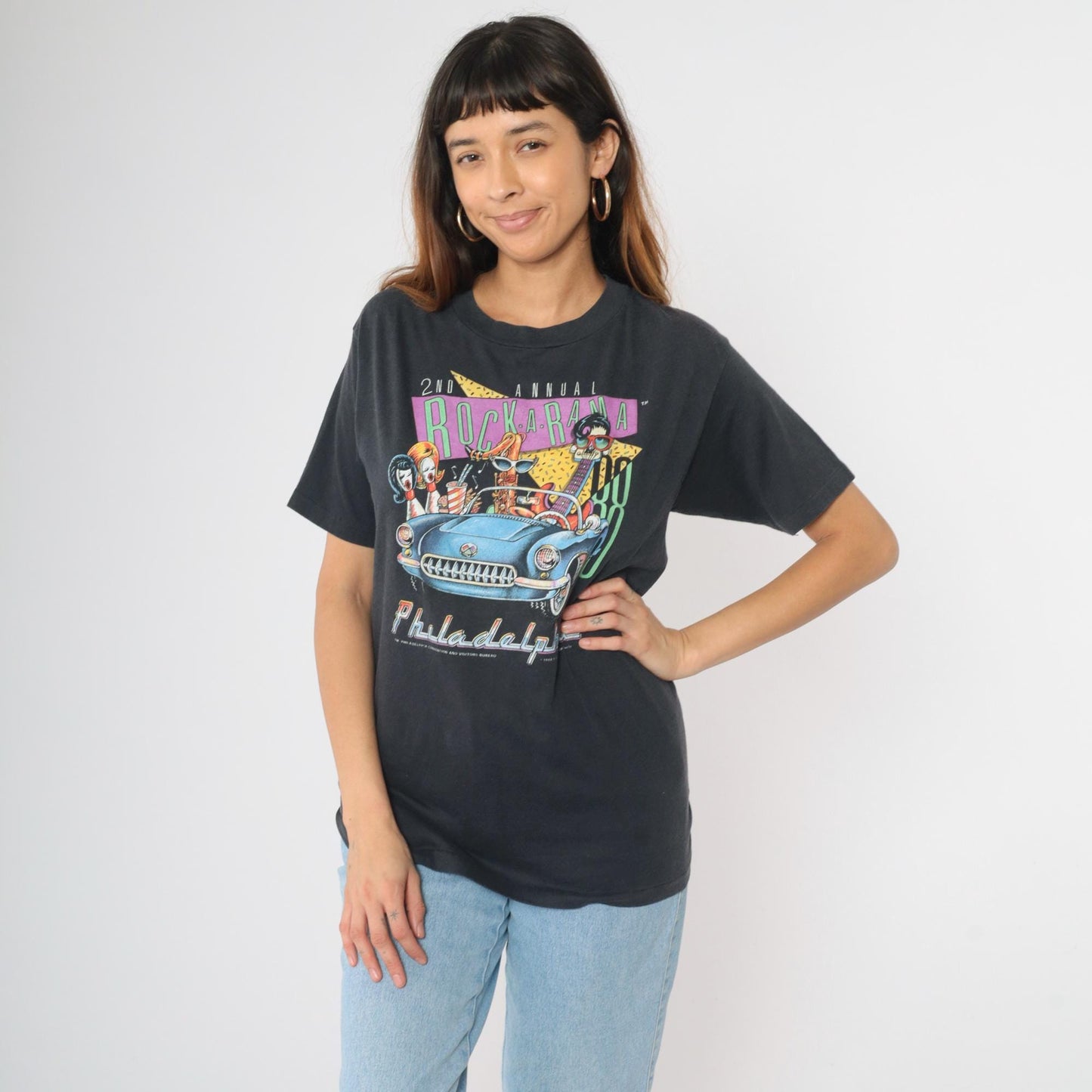 80s Rock-a-Rama Philadelphia Graphic T-Shirt Black Rockabilly Car Small