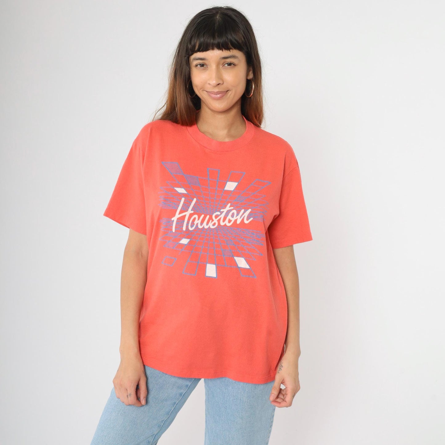 80s Houston Graphic T-Shirt Orange Spellout Velva Sheen Medium